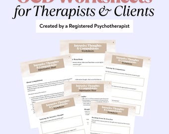 Op de afbeelding: Een stapel werkbladen met de titel "OCD Worksheets for Therapists & Clients", gemaakt door een geregistreerde psychotherapeut. De werkbladen zijn beige met zwarte tekst, met de zinnen "Intrusive Thoughts & Compulsions" en "Information Sheet."