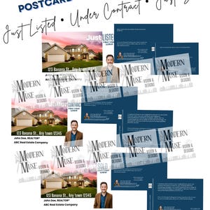Moderne IMMOBILIEN nur gelistet, unter Vertrag, gerade verkauft Postkartenvorlagen für Realtors - First Class oder EDDM Mailing Rückseiten.