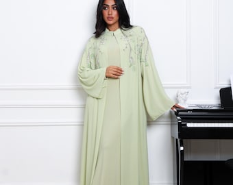 Conjunto de abaya de gasa con adornos de lujo / Abaya de dos piezas con vestido de jersey premium / Prenda elegante y discreta para Eid, bodas y ocasiones especiales