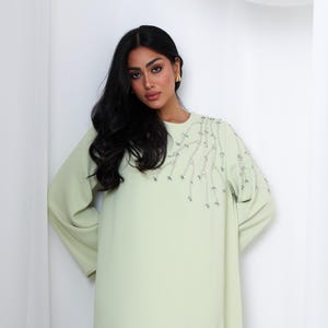 Sage Green Luxury Abaya with Crystal Embellishment | Elegant Modest Maxi Dress for Eid, Weddings & Occasions | Premium Closed Abaya Style