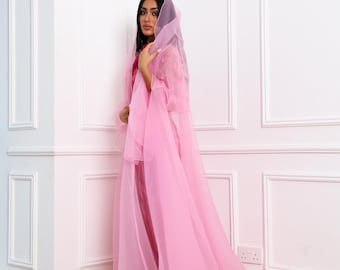 Conjunto de abaya rosa transparente de lujo / Abaya de 3 piezas en capas de organza con detalle floral / Prenda modesta para ocasiones especiales como Eid, bodas y eventos especiales