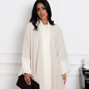 Beige Abaya Set: 3-Piece Modest Dress, Open Abaya & Scarf