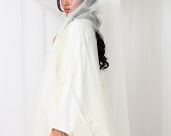 Conjunto de Abaya de lujo color marfil con capa transparente / Vestido de ocasión modesto de 3 piezas con apliques florales / Elegante Abaya para Eid, novias y eventos