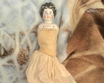 Antique Doll With China Doll Parts, Muslin Stuffed Body, Unbleached Cotton Muslin Eyelet Skirt/Pantaloons, No Arms, Early 1900s, NO COUPONS