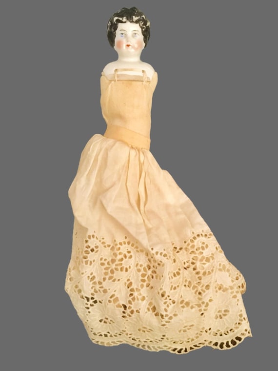 Antique China Doll Parts, Muslin Body, Eyelet Skirt, Early 1900s 