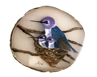 Hand Painted Hummingbird Mama and Babies In Nest On Pink Resin Slab, Bird Art