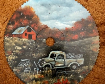 Fall Old Truck Hand Painted 6 1/2 Inch Sawblade, Oil Painting, Metal Wall Art, Fathers Day Gift Idea, Rustic Decor, Farmhouse Decor