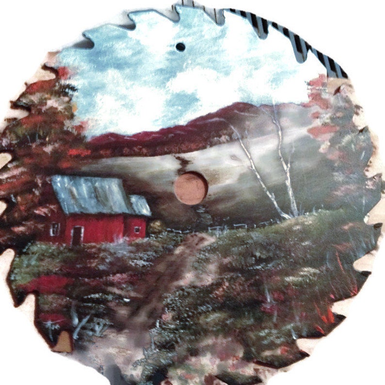 Rustic Home Decor Hand Painted Gift Idea Fall Mountain Cabin 7 Inch Vintage Saw Blade