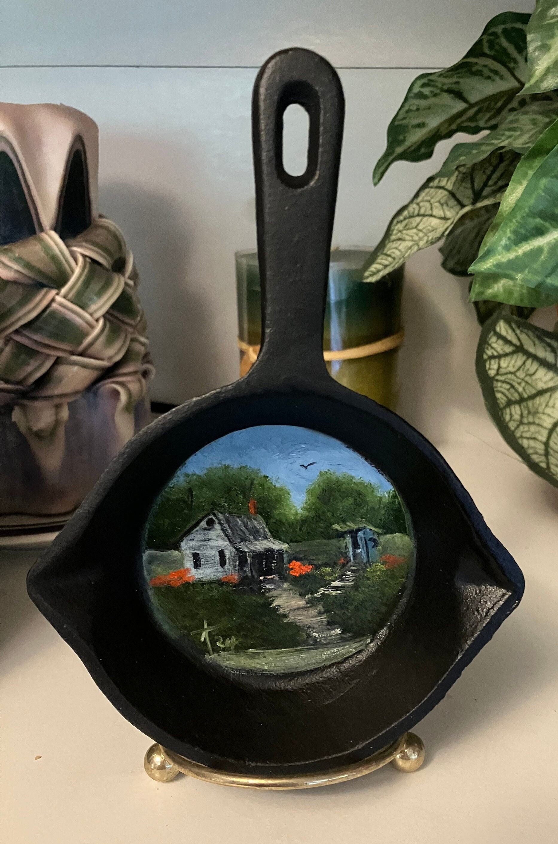 Tiny Skillet Hand Painted With an Old House and Outhouse in Oils, Cast Iron Skillet Painting, Farmhouse Decor, Housewarming Gift, Metal Art