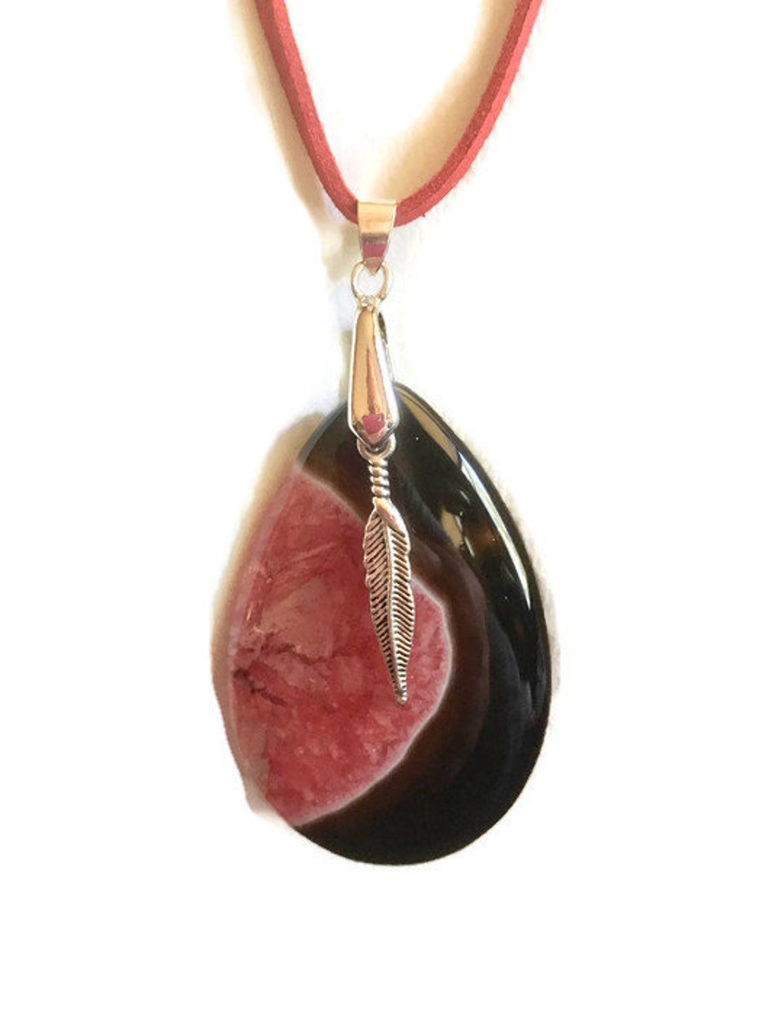 Red and Black Teardrop Black Onyx Geode Gemstone Pendant Necklace