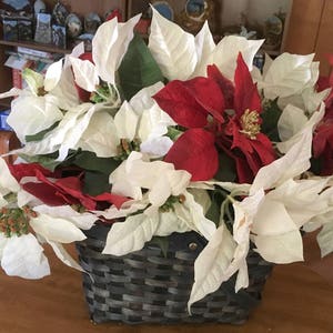 Vintage Blue Christmas Basket, Red and White Poinsettias, Gift Idea. Christmas Decoration, Country Decor, Home Decor