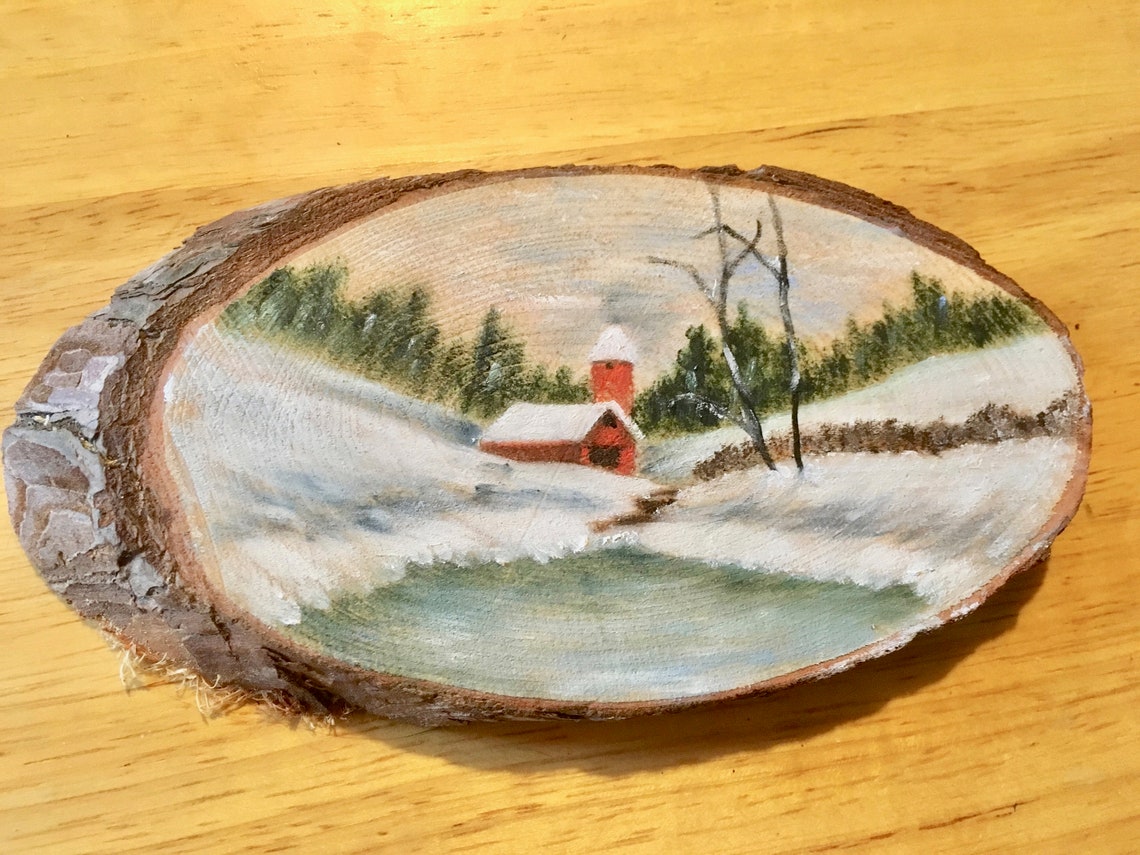 Custom Order Hand Painted Winter Scene Oil Painting on Wood Slice With ...