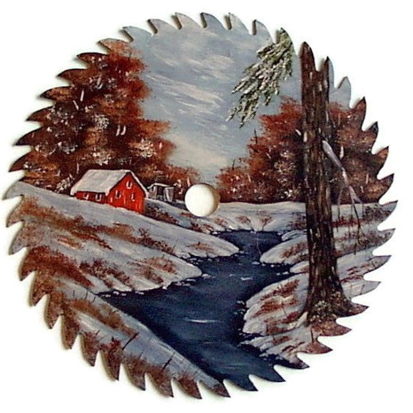 CUSTOM ORDER Winter Creek Old Homestead 7 Inch Vintage Saw Blade, Hand Painted Metal Art, Gift Idea, Rustic Home Decor