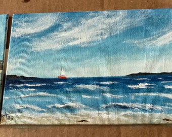 Sunny Day Beach Seascape Oil Painting 5x7 Inch Mini Canvas, Nautical Art, Unframed Textured Canvas