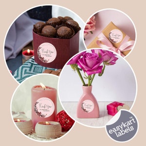 May include: Pink and brown round stickers with the text "Thank You for supporting my business" and floral designs. The stickers are on a variety of items, including a box of chocolates, a candle, a vase of flowers, and a gift box. The text "easykart labels" is in a grey circle with a white outline.