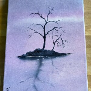 May include: An original painting on canvas depicts a silhouetted tree with bare branches against a soft, lavender sky. The tree's reflection mirrors in the water below, creating a serene and minimalist landscape scene.