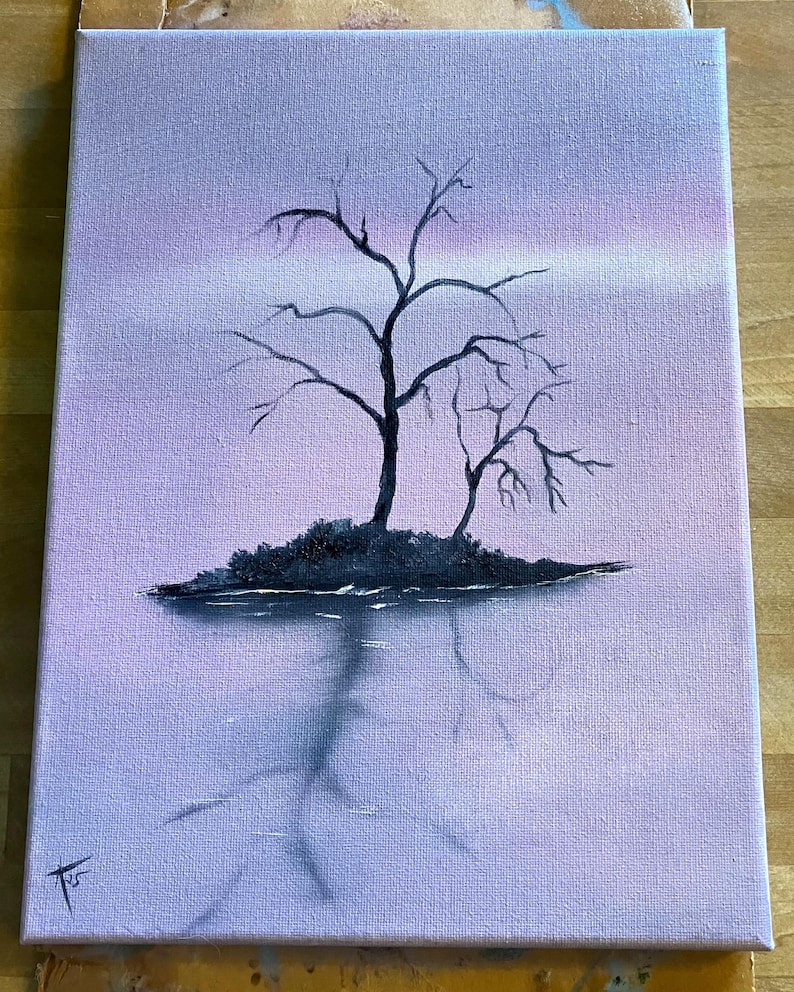 May include: An original painting on canvas depicts a silhouetted tree with bare branches against a soft, lavender sky. The tree's reflection mirrors in the water below, creating a serene and minimalist landscape scene.