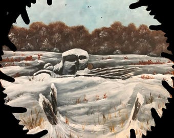 Hand Painted Winter Truck Scene on Vintage 9 Inch Saw Blade, Metal Art