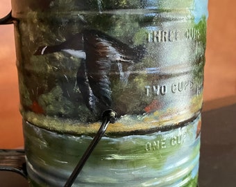 Vintage Flour Sifter With Summer River Scene, Oil Painting, Hand Painted, Rustic Home Decor