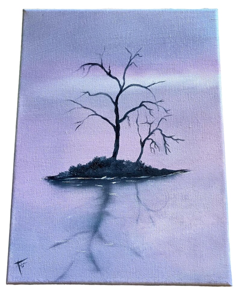 May include: An original painting on canvas depicts a bare tree on a small island, reflected in the water below. The artwork features a muted color palette of purples and blues, creating a serene and contemplative scene.