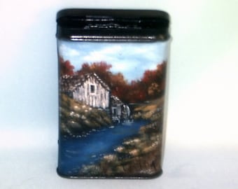 Fall Prince Albert Old Mill Tobacco Can, Hand Painted Miniature Landscape, Rustic Home Decor