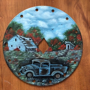 Summer Old House With Truck and Outhouse 7 Inch Saw Blade, Hand Painted Gift Idea, Rustic Home Decor
