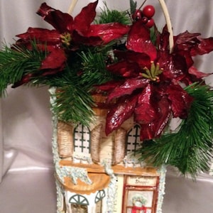 Vintage Victorian Poinsettias and Resin House Christmas Basket, Gift For Her, Retro Christmas Decoration, Home Decor