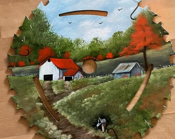 Hand Painted Vintage 7 Inch Saw Summer Old Farm, Metal Art, Gift Idea, Rustic Home Decor