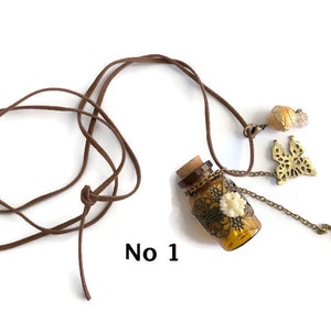 Brown Glass Corked Bottle Necklace on Leather Cord, Your Choice, Handmade Necklace, Mothers Day Gift, Pendant Necklace