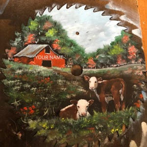 Custom Order Hand Painted Spring Hereford Calves 7-8 Inch Saw Blade, Oil Painting, Home Decor, Rustic Decor