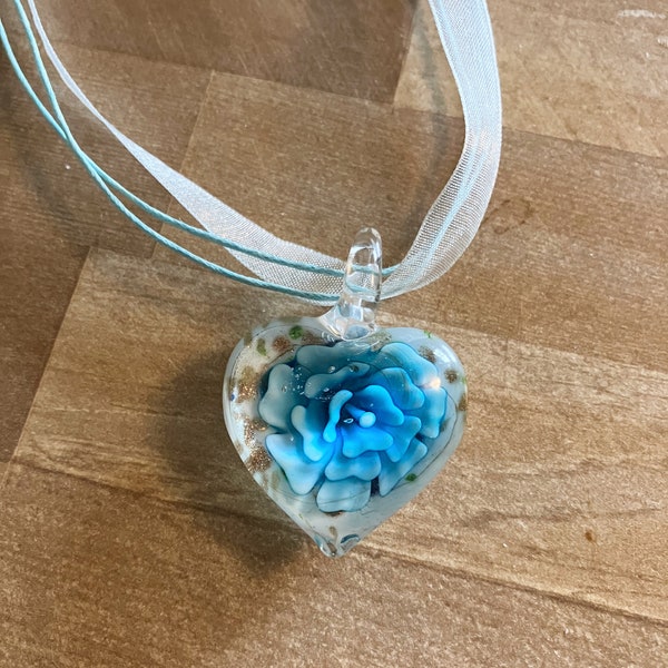 Blue Glass Heart Lampwork Pendant Necklace, Handmade Pendant Necklace,  Mothers Day Gift idea, 18 inch Organza Cord