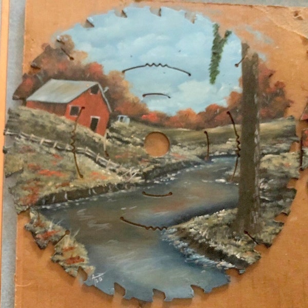 Custom Order Fall Old House By Creek, 7 Inch Vintage Saw, Hand Painted, Rustic Home Decor, Housewarming Gift