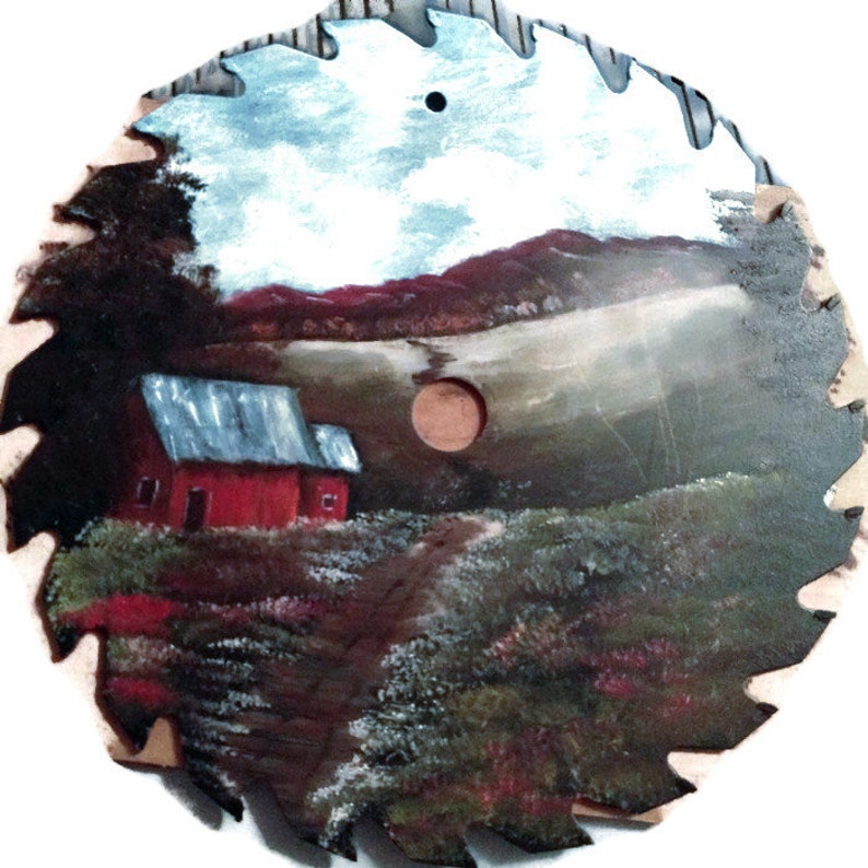Rustic Home Decor Hand Painted Gift Idea Fall Mountain Cabin 7 Inch Vintage Saw Blade