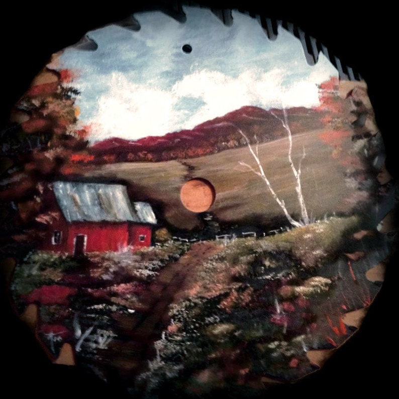 Rustic Home Decor Hand Painted Gift Idea Fall Mountain Cabin 7 Inch Vintage Saw Blade