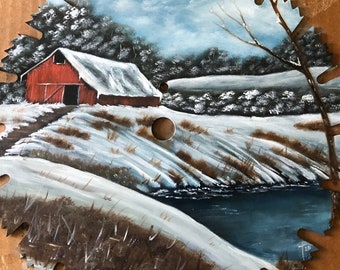 Winter Red Barn and Pond Painted 10 Inch Saw, Hand Painted, Oil Painting, Rustic Decor