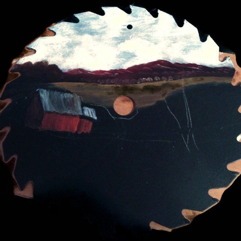 Rustic Home Decor Hand Painted Gift Idea Fall Mountain Cabin 7 Inch Vintage Saw Blade