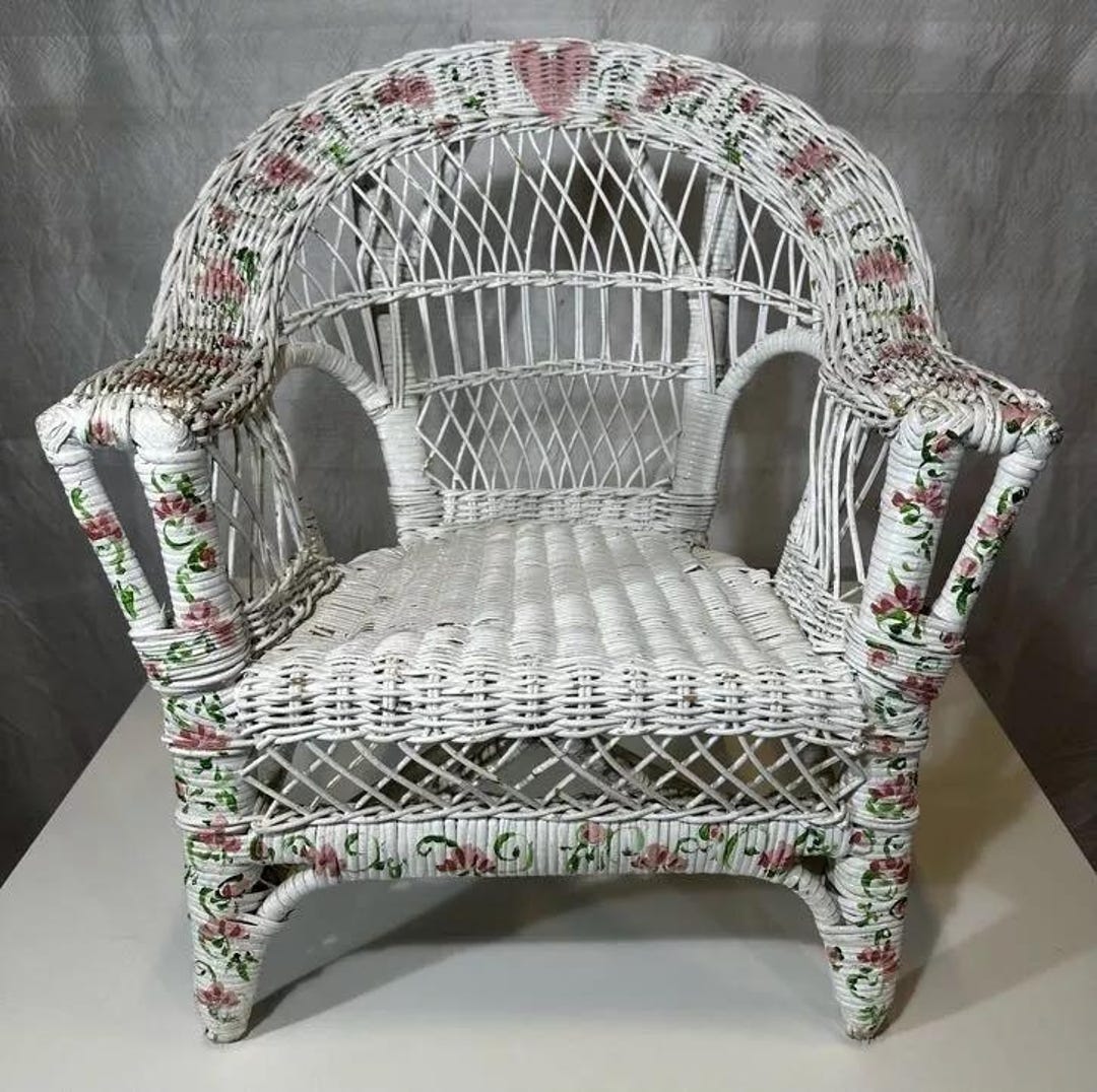Wicker Car Rocker Vintage White Wicker Chair Rocker 21” Tall for Child or Doll Floral ...