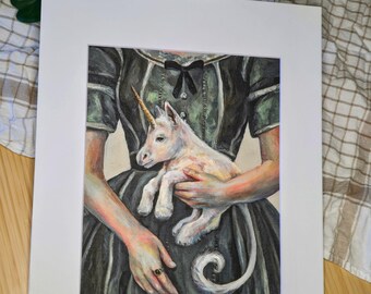 Eenhoorn in gevangenschap – 8 x 10" grillige illustratie – gematteerd op 11 x 14 – Fantasy Wall Art