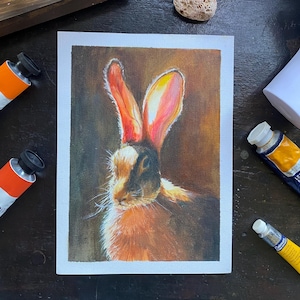 Peinture à l&#39;huile originale de lièvre, décoration murale de portrait d&#39;animal, petite peinture de lapin, cadeau pour la maison rustique et chaleureux