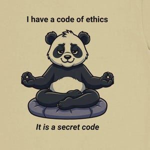 May include: Tan t-shirt with a cartoon panda meditating in a lotus position. The panda is black and white, sitting on a purple cushion. Text above reads "I have a code of ethics", and below, "It is a secret code."