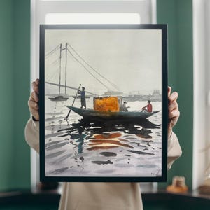 Original Watercolor Landscape Painting Misty River Scene with Boat,Wall Art for Home Decor,Perfect Gift for Nature Lovers,Housewarming gift