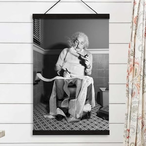 Albert Einstein Sitting on the toilet, Magnetic Hanger Frame, Funny Bathroom Wall Art, Bathroom Canvas Prints