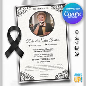 Modelo de cartão funerário para impressão | Modelo editável de cartão de oração fúnebre