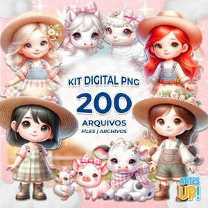 Pack d'images de fille de ferme PNG | Kit numérique d'images de fille de ferme aquarelle rose PNG