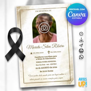 Modelo de cartão funerário para impressão | Modelo editável de cartão de oração fúnebre