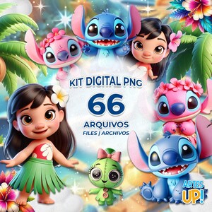 Lilo en Stitch schattige PNG-clipartpakket | Digitale kit PNG Lilo en Stitch 3D-clipart