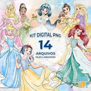 Pacote de Clipart Princesas Disney aquarela PNG | Kit digital PNG Princesas Disney aquarela Clipart