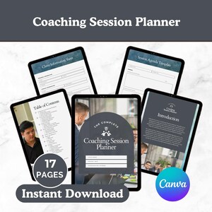 Może przedstawiać: Cyfrowy planer sesji coachingowych wyświetlany na kilku tabletach. Planer zawiera szablony informacji o kliencie, agendy sesji i wprowadzenia. Obraz zawiera również tekst "Coaching Session Planner", "17 Pages" i "Instant Download".
