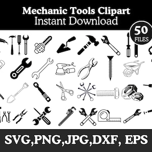 May include: Black and white mechanic tools clipart with the text "Mechanic Tools Clipart Instant Download" and "50 FILES". The image includes various tools such as wrenches, hammers, saws, and screwdrivers. The image also includes the text "SVG, PNG, JPG, DXF, EPS".