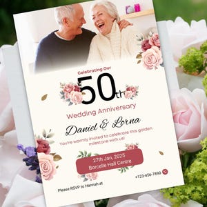 Invito per il 50° anniversario, invito per il 50° anniversario di matrimonio, modello per anniversario di matrimonio, biglietto d'auguri floreale modificabile